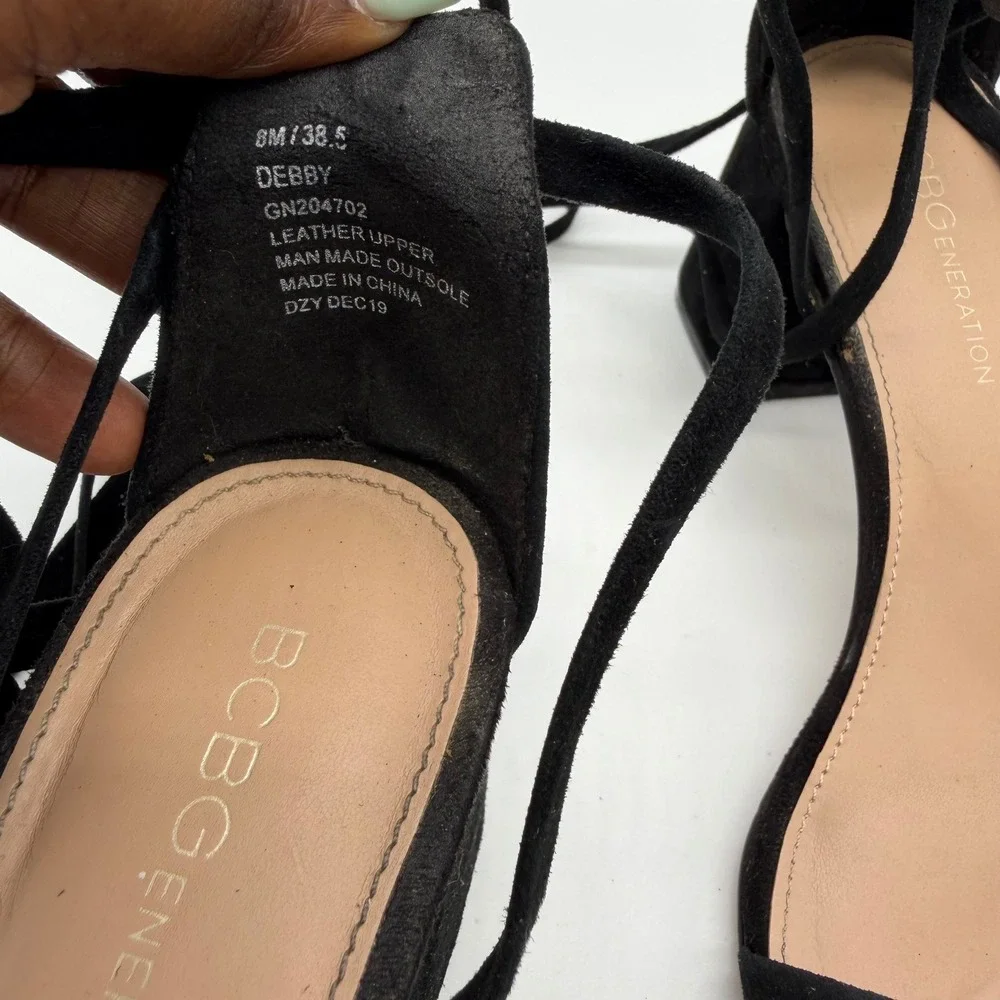 BCBGeneration Debby Black Suede Strappy Block Heel‎ Lace Up Sandals Size 8M